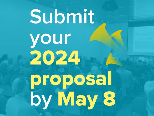 Banner with white and yellow text, saying "Submit your 2024 proposal by May 8"